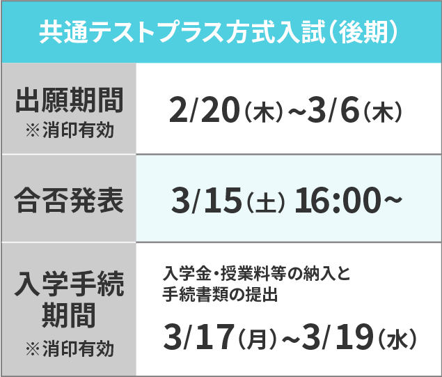 大学入学共通テストプラス方式入学試験（後期日程）